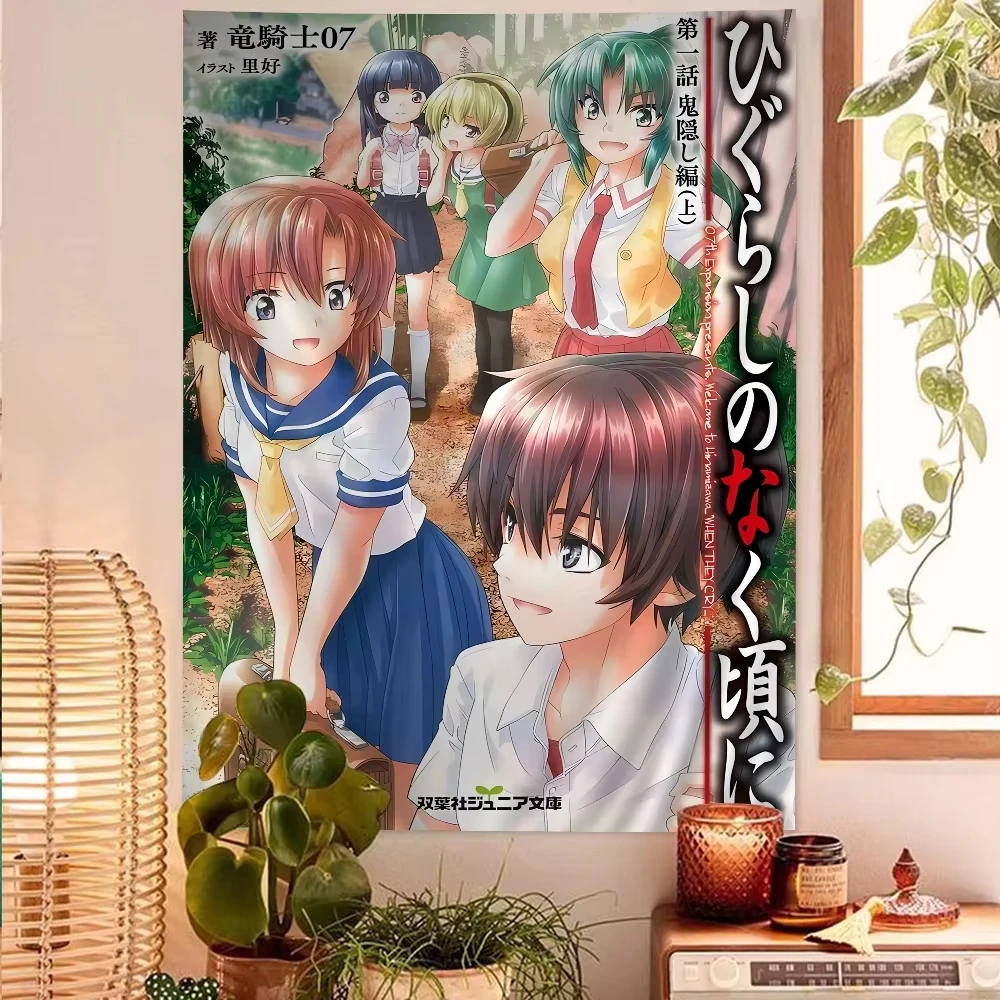Higurashi When They Cry Cartoon Tapestry, Anime Art Wall Hanging for Home Living Room Bedroom Dorm Decor, Flat Print