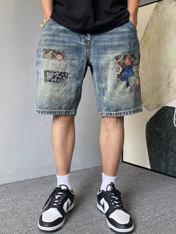 

Summer American Casual Loose Men's Denim Shorts Embroidered Patch Vintage High Street Five-Quarter Trendy Straight Leg Jeans