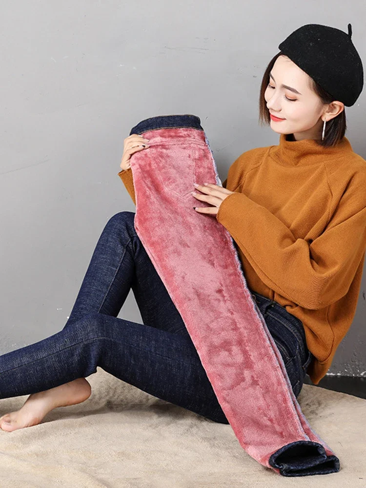 Dames dikke hoge taille jeans stretch skinny potloodbroek vrouwelijke denim broek, wintermode