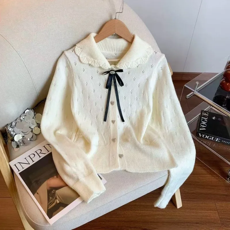 French Baby Collar Bow Bow Autumn and Winter New Knitted Cardigan Coat Design Sense Cut-out Sweet and Youthful Sweater for Women