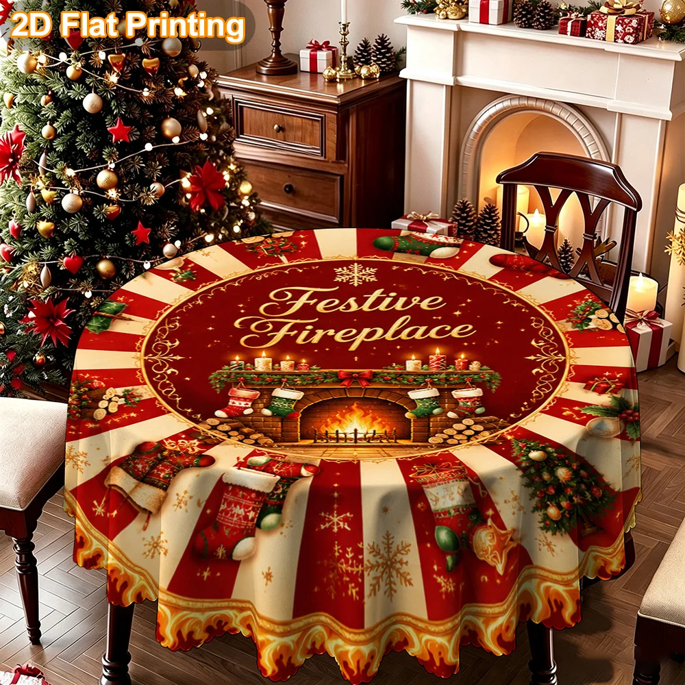 Tablecloth Christmas gift 2D flat print. 1 piece round festive fireplace design print round tablecloth for Halloween decorations