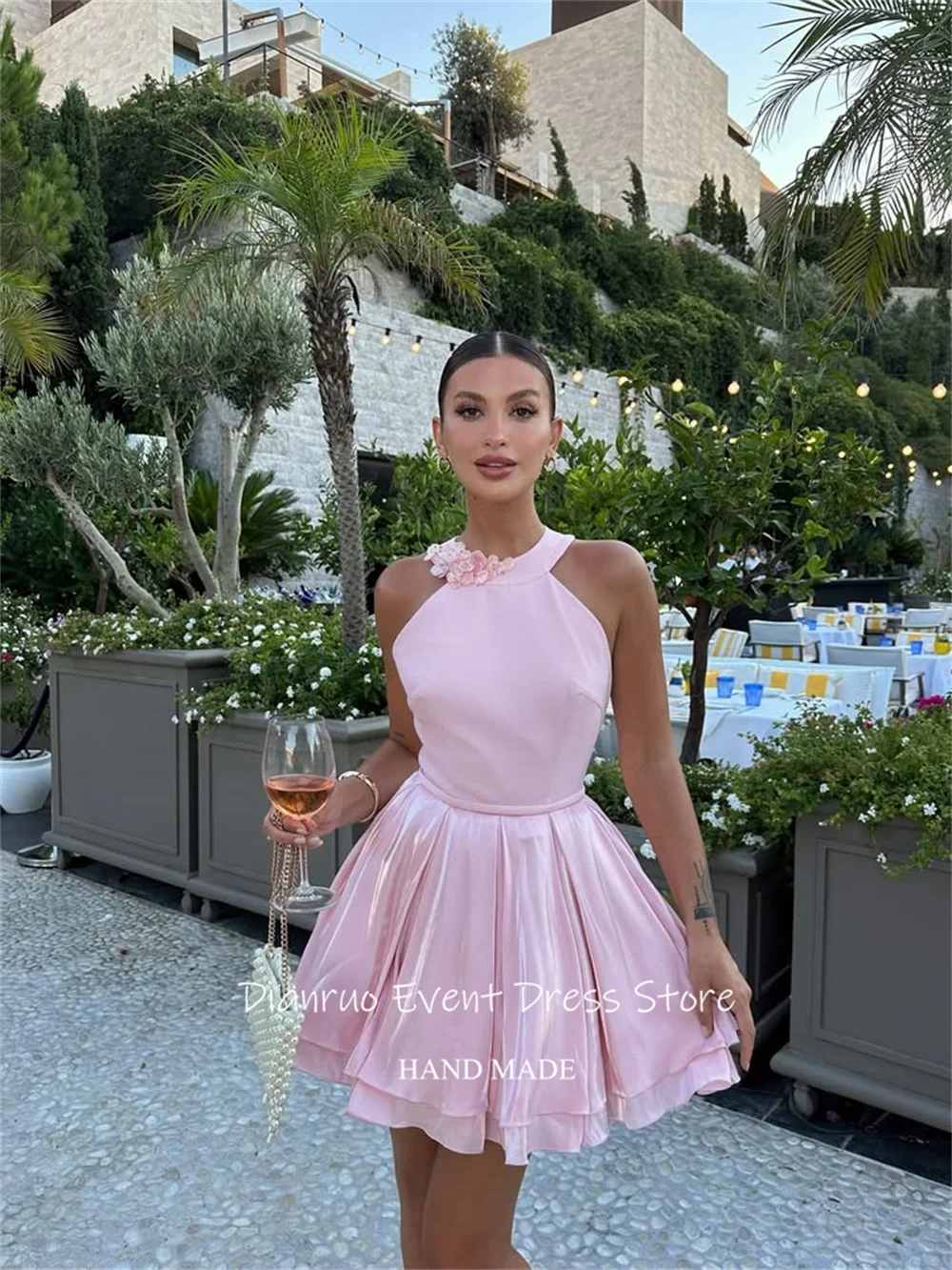 Dianruo الوردي الرسن ثلاثية الأبعاد الزهور فساتين لحضور الحفلات الموسيقية الطبقات ألف خط فستان كوكتيل قصير طول لامع فساتين العودة للوطن مخصص