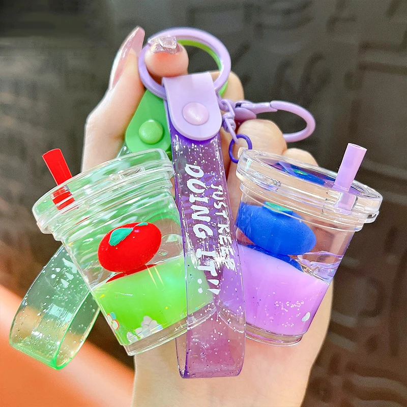 Creative Milk Tea Drift Bottle Keychain Liquid Peaches Oranges Blueberries Pendant Keyring Couple Bags Key Chains Accessories