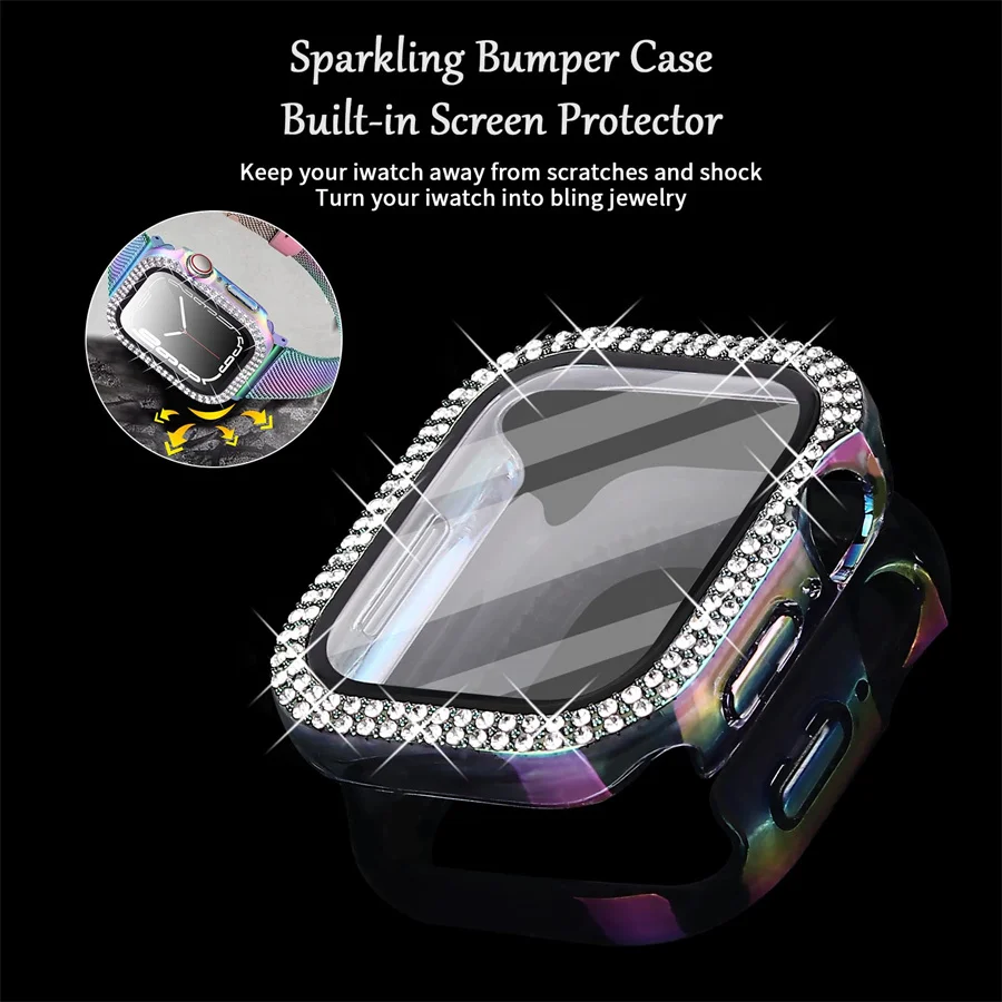 Diamond Case For Apple watch Cover 45mm 41mm 44mm 40mm Tempered Glass+Bling Bumper Screen Protector iWatch series 9 8 7 6 5 4 SE