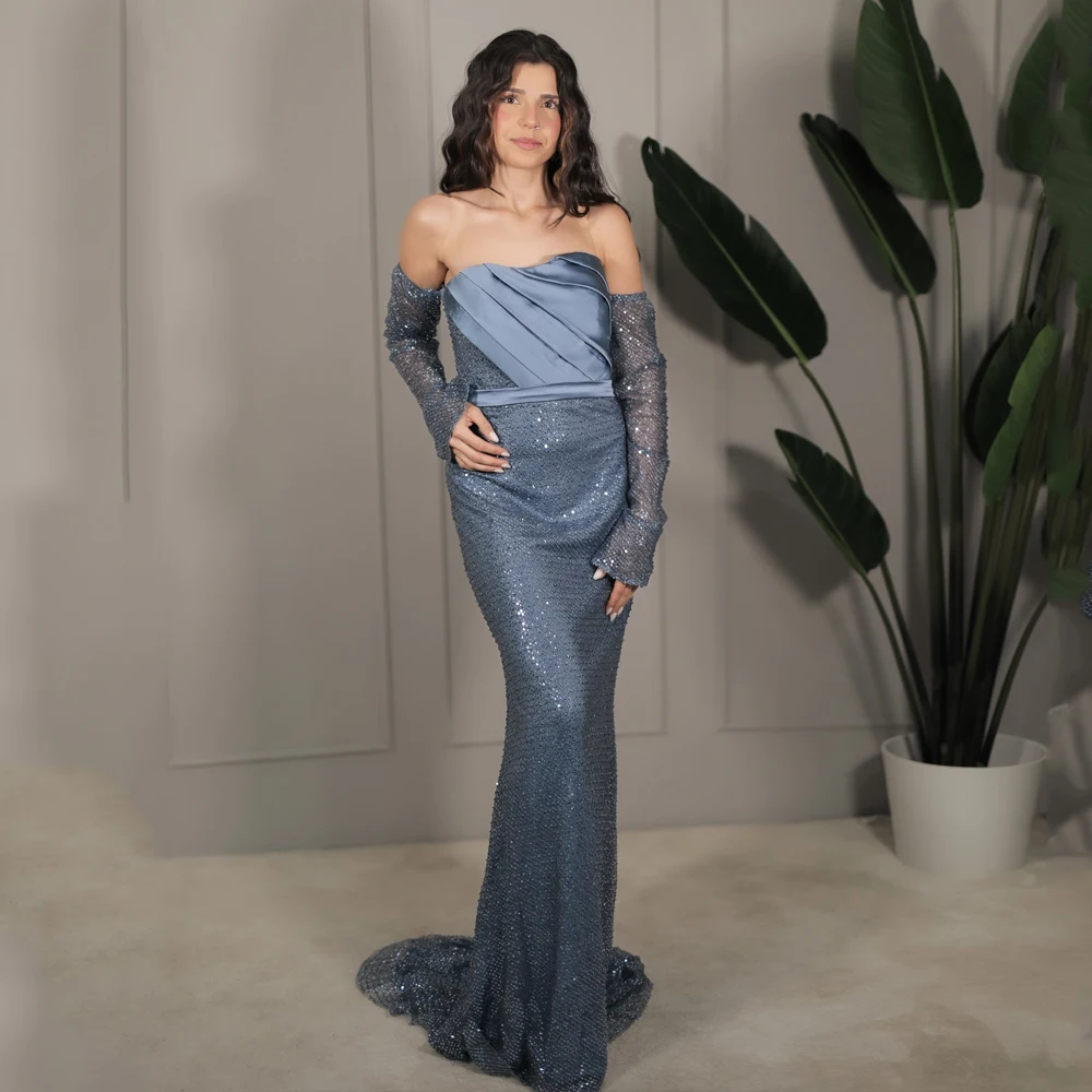 

Satin Prom Dresses Strapless Detachable Train Long Sleeve Mermaid Lace Up Birthday Dresses Luxury 2025 Beaded Customized