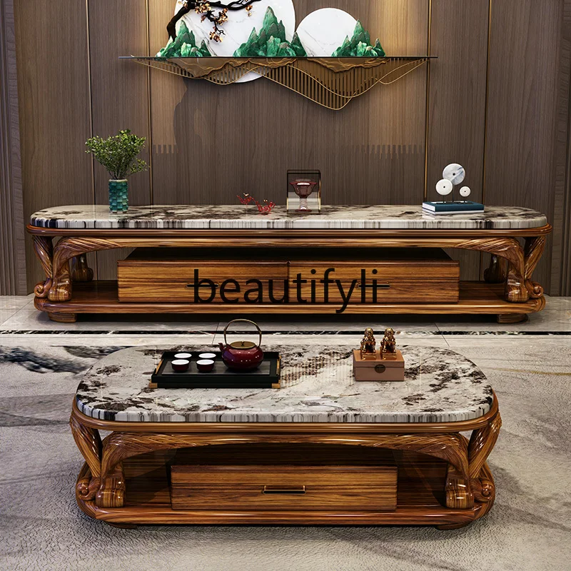 Modern new Chinese ebony coffee table TV cabinet combination living room household square marble ebony