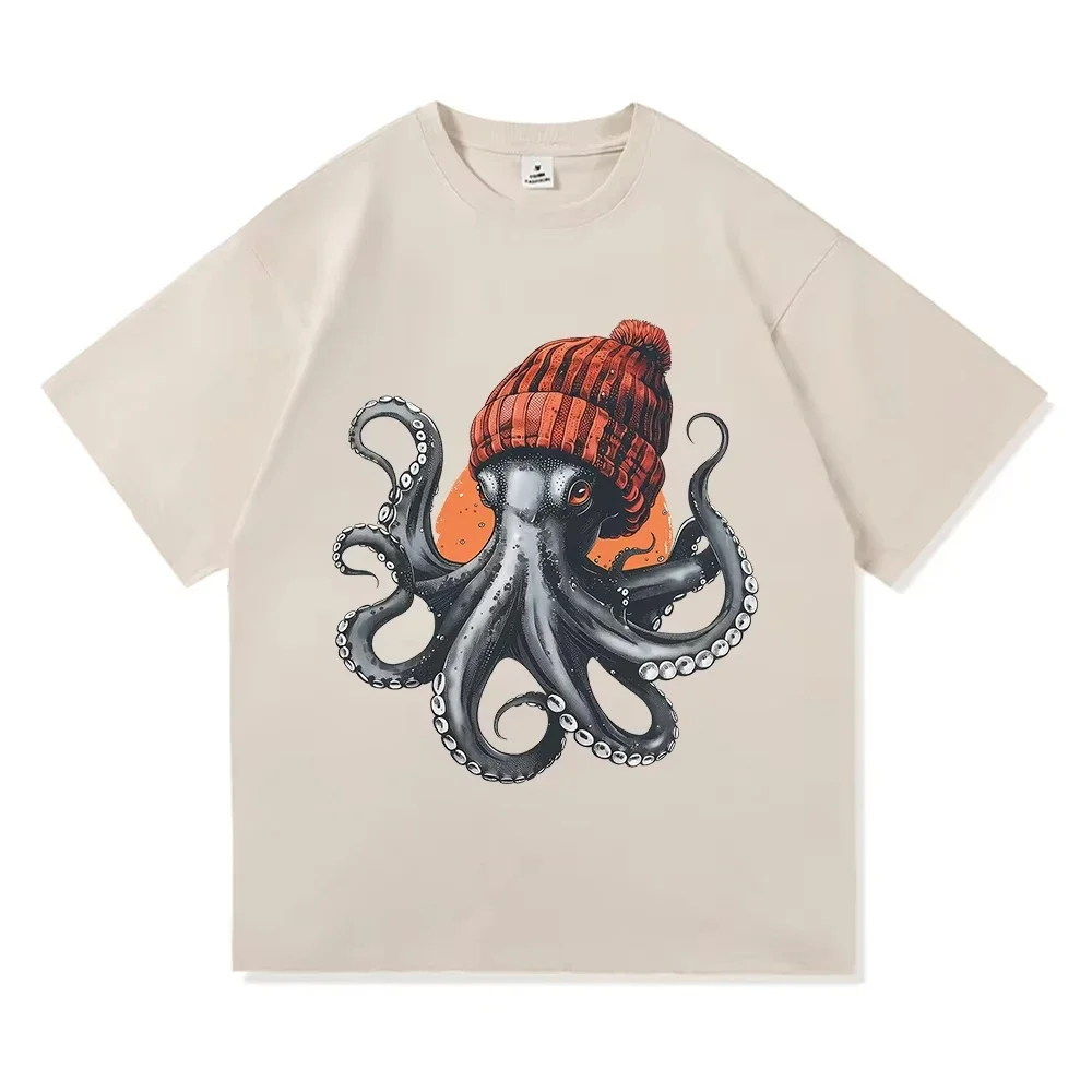 Octopus Beanie T-Shirt Japanese Harajuku Style Funny Cotton Top for Men/Kids Vintage High-Quality Printed Graphic Tee