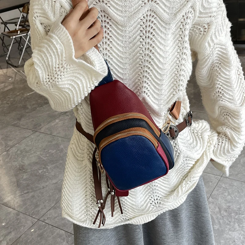 

Color Stitching Genuine Leather Women Chest Bag Shoulder Bags Cowhide Purse bag Multi-pocket Sports Crossbody bags Men's Handbag