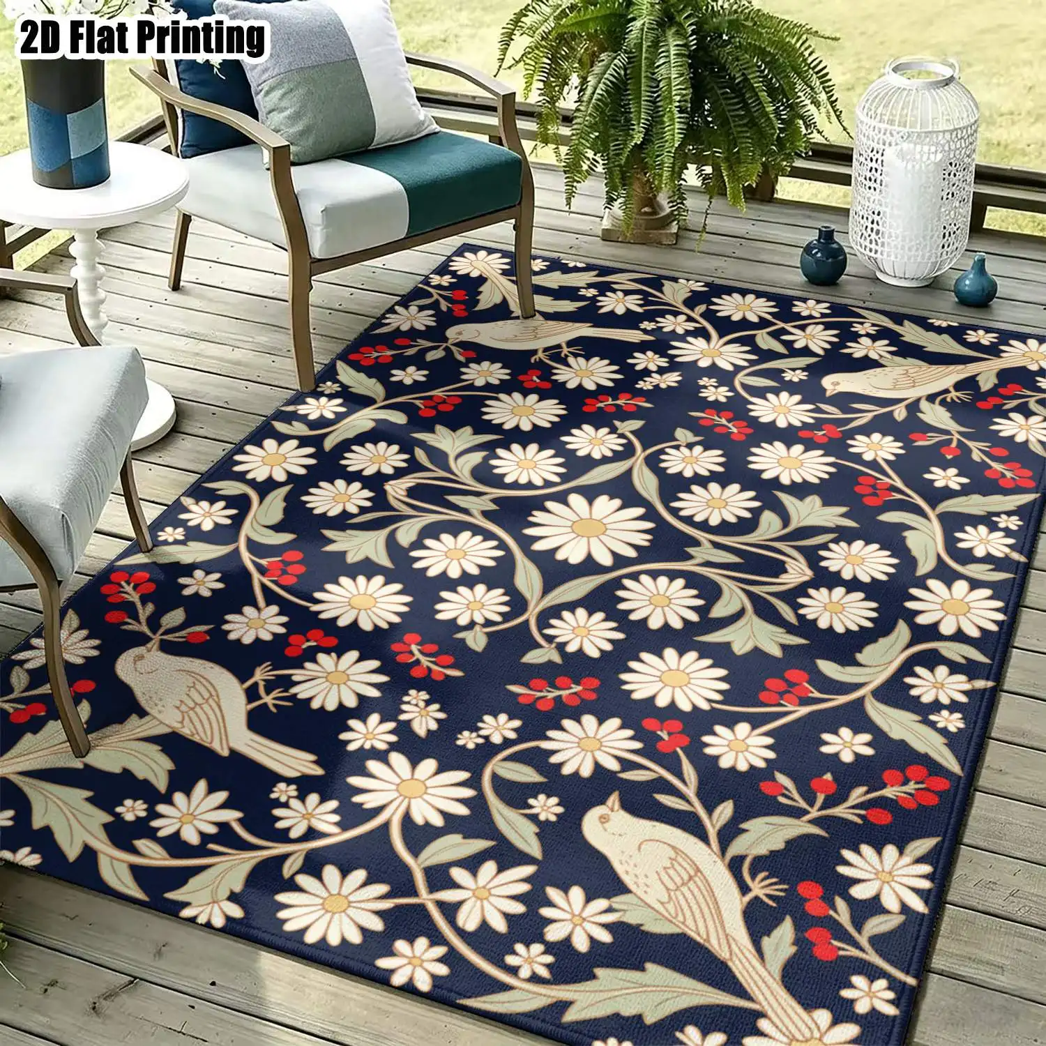 1Pc 2D Printed Retro/Instagram-Style Navy Floral Bird Carpet, Machine Washable, Multi-Size Home Decor for Entryway, Dining Room, Bedroom, Study, Living Room