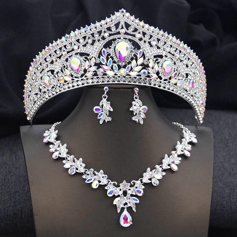 Barokke AB Crown 3-delige bruidssieradensets Tiara's en ketting Oorbellen Set voor meisjes Prom Verjaardag Trouwjurkaccessoires