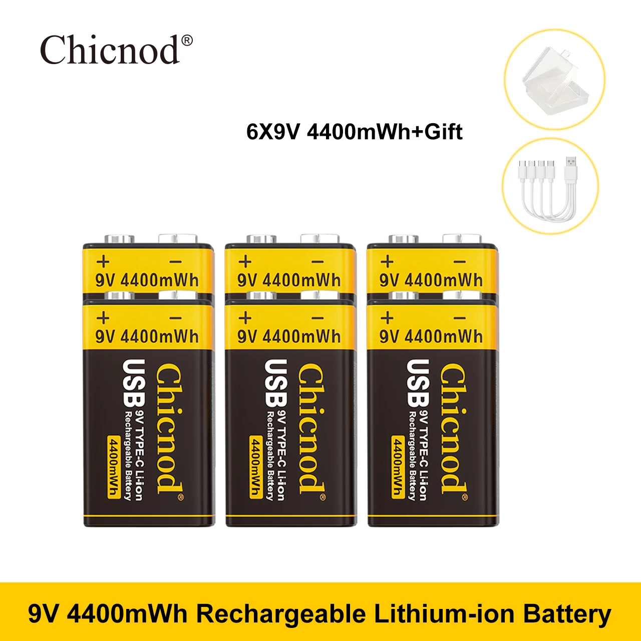 CHICNOD 9V Wiederaufladbare Batterie 4400mWh USB Typ C Li-Ionen-Akku 9 Volt Wiederaufladbare Batterie für Gitarrenpedal Multimeter