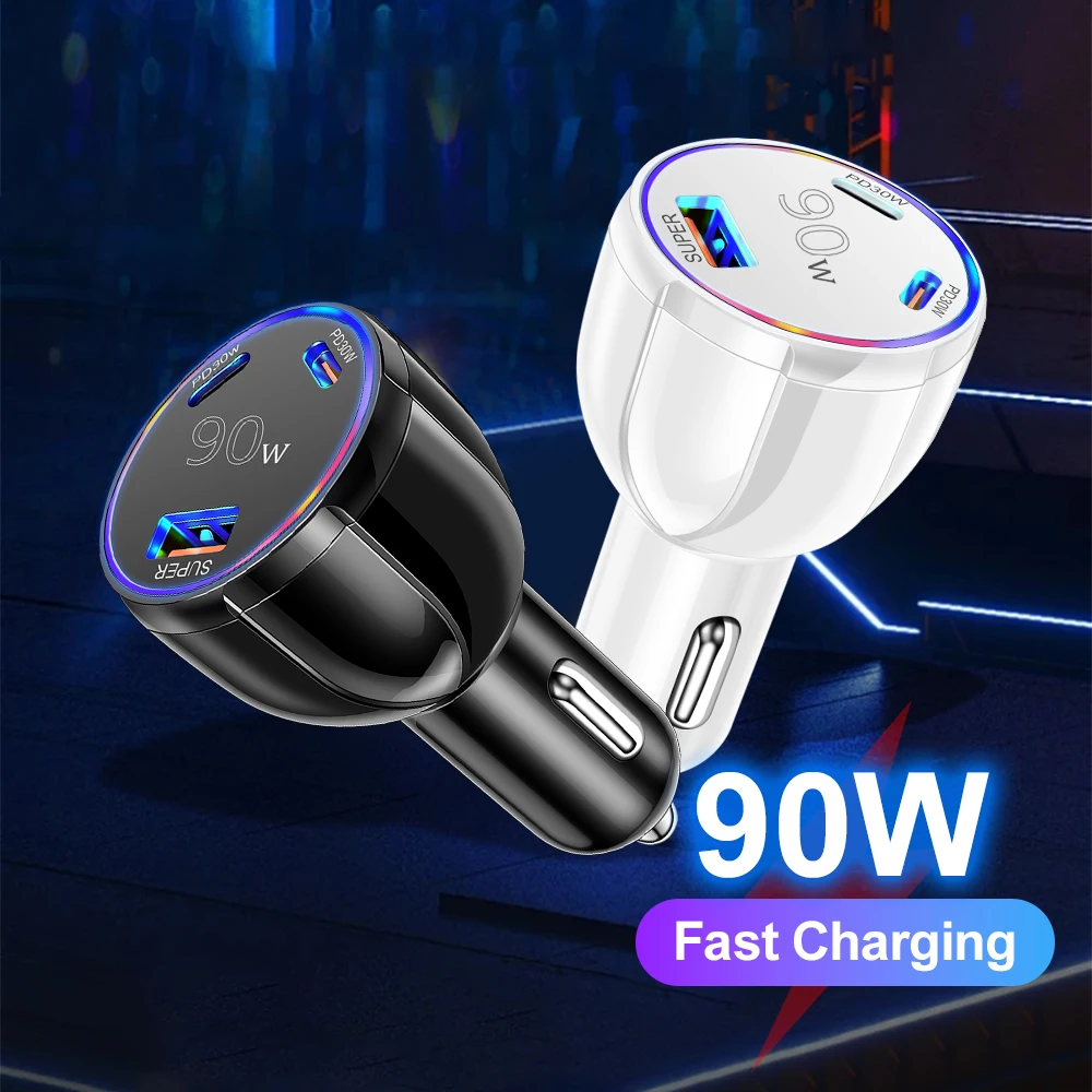 

90W 3 in 1 Car Charger 1 Port USB Fast Charging Car Phone Adapter For iPhone Xiaomi Samsung Quick Charge Charger In Car