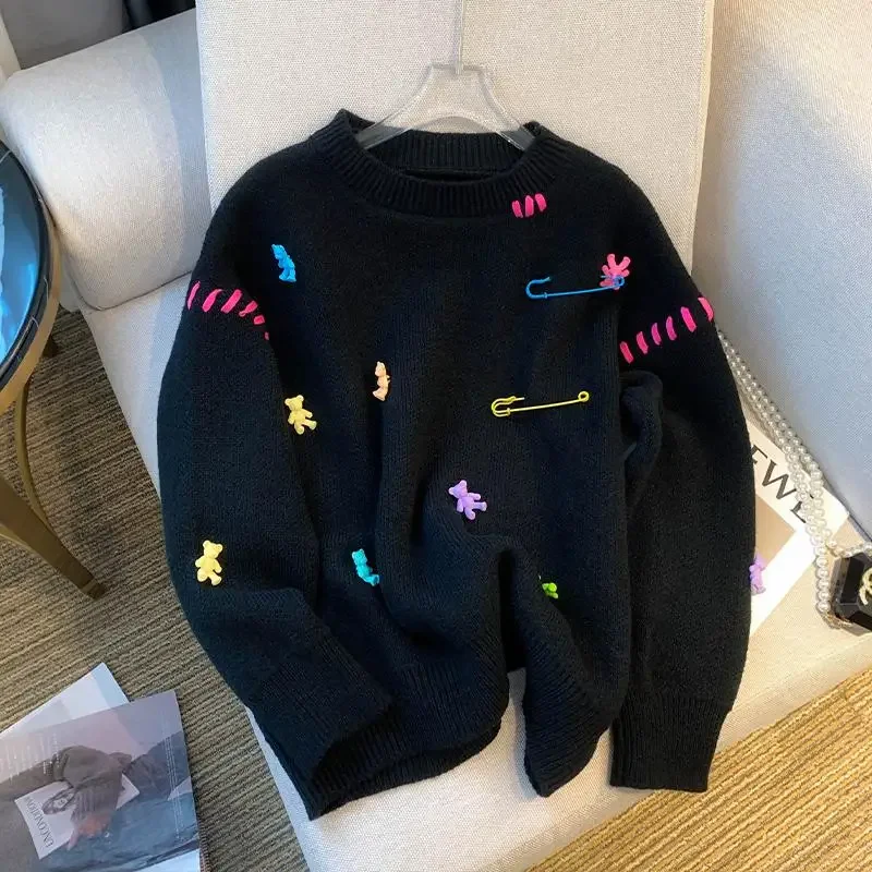 Harajuku Korean Kawaii Sweater Rainbow Bear Pin Cartoon Jumper Pullover for Girls Autumn Winter O-neck Loose Preppy Students Y2K