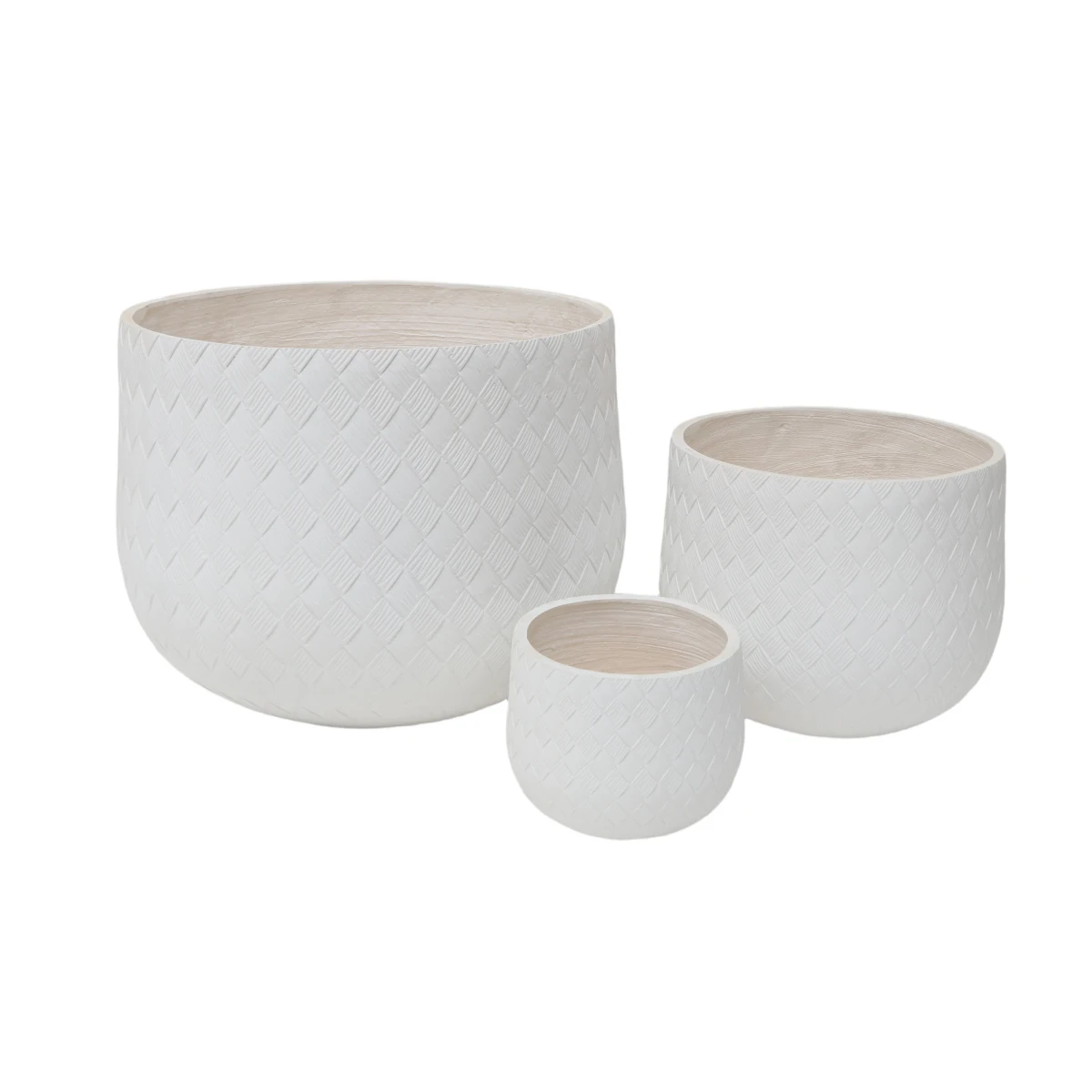 Assorted Sizes Magnesium Oxide Round Planter,21.65''+14.17''+8.66'' Dia Set of 3 Planter,Outdoor Indoor Plant Pot with Drainage Hole, White Color  with Weaving Pattern Planter for Home Garden Patio   WL