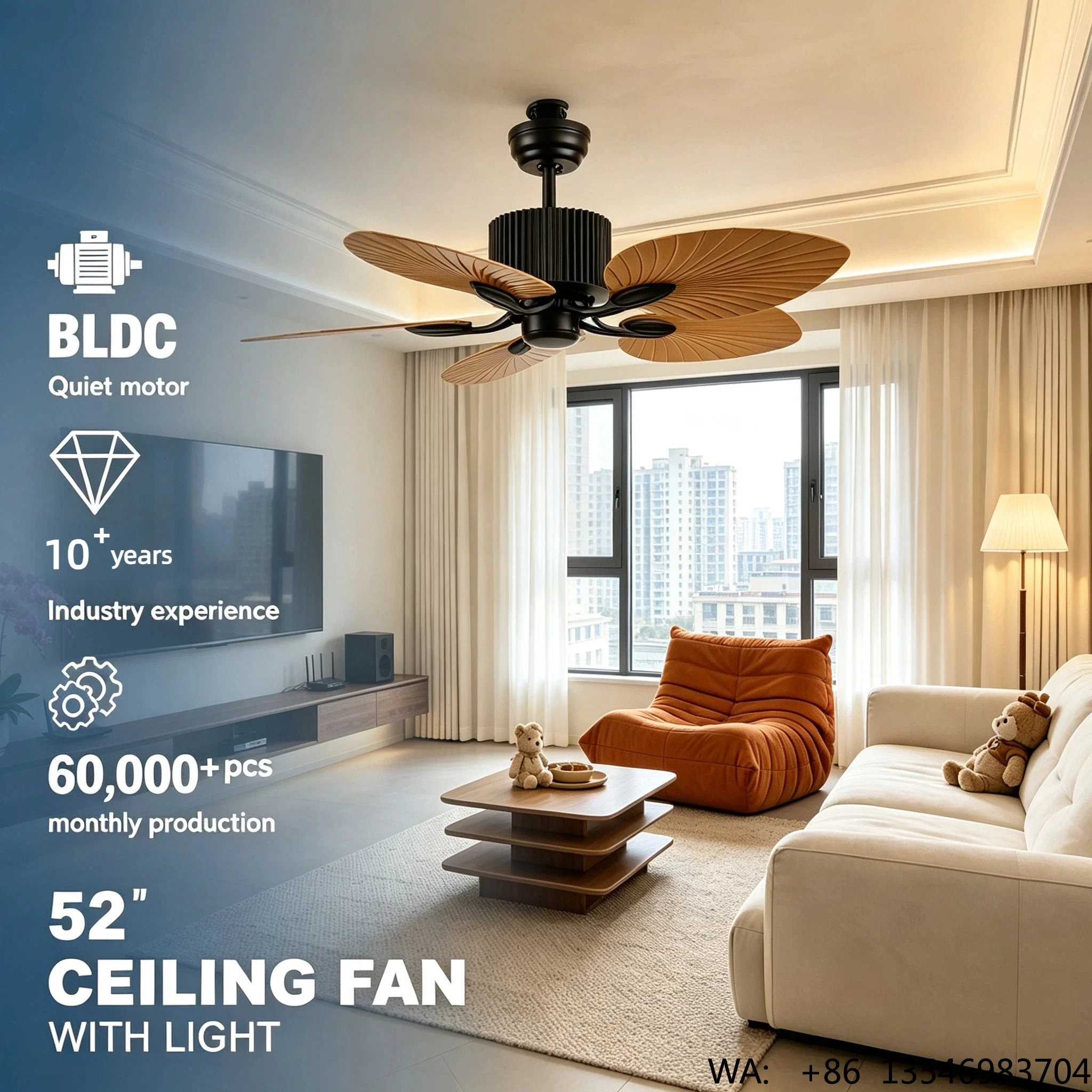 Modern Metal Ceiling Fan with Remote Control and LED Lighting 52 Inches Blade Size for Living Room Use