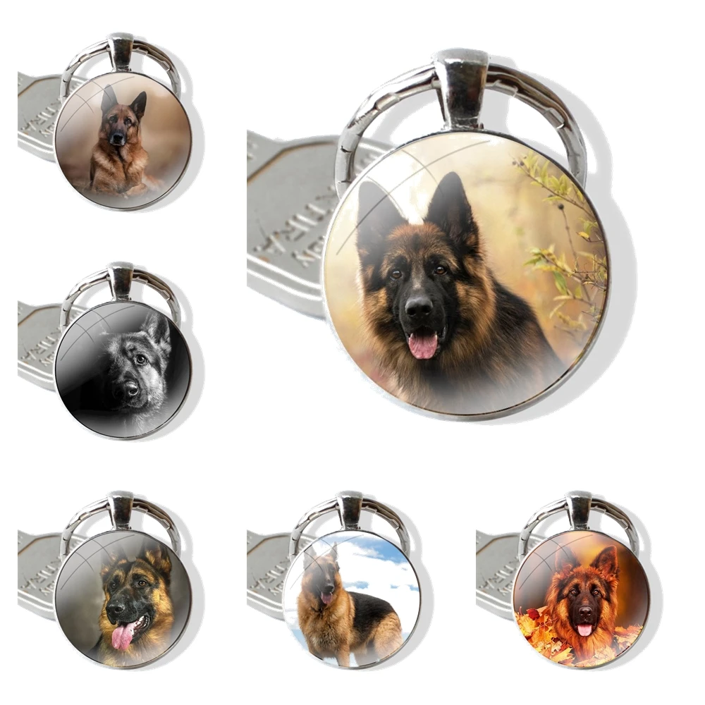 German Shepherd Dog Pattern Keychain Handmade Glass Cabochon Key Ring Holder Pendant Key Chains Fashion Design Cartoon Creative