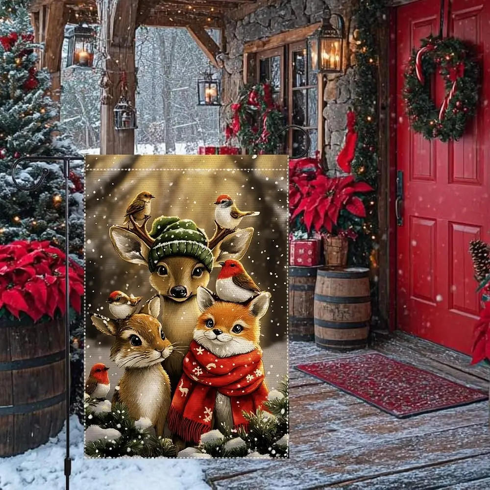 Winter Forest Animals Garden Flag 12x18 Inch Double Sided Burlap Cute Fox Deer Rabbit Bird Holiday Yard Flag Outdoor House P zzo