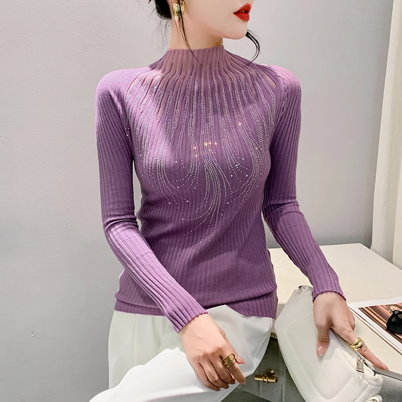 

2023 New Fall Winter Knitted Sweater Sexy Spliced Shiny Diamonds Women Long Sleeve Bottoming Shirt Pullovers Drill Tops 39099