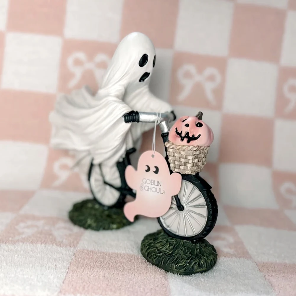 

Ghosts On A Bike With Pink Pumpkins Statue Hand Painted Lovely Ghosts Figurine For Livingroom Decor