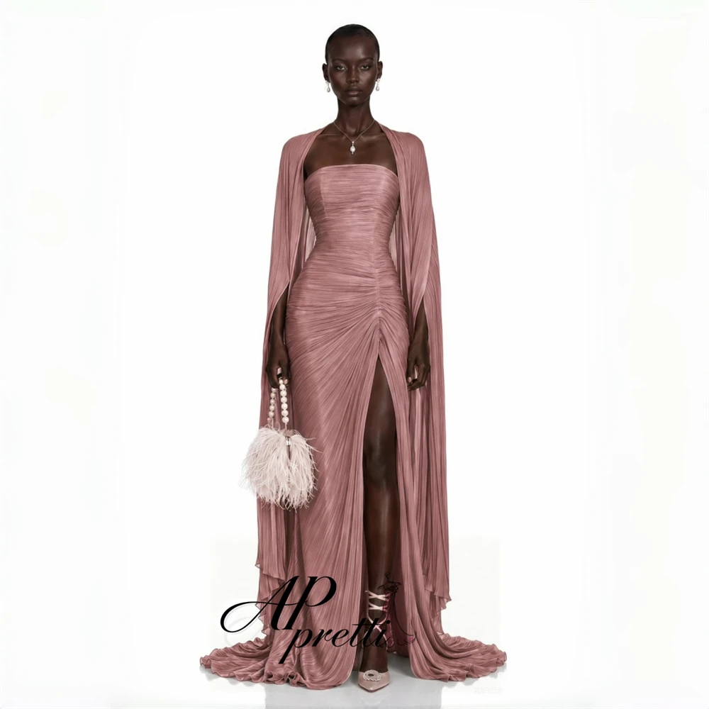 AP pretti Dusty Pink Strapless Evenning Dress Customized Cape Sleeve Ruched High Slit Pleated Shining Floor‑Length Party Gown