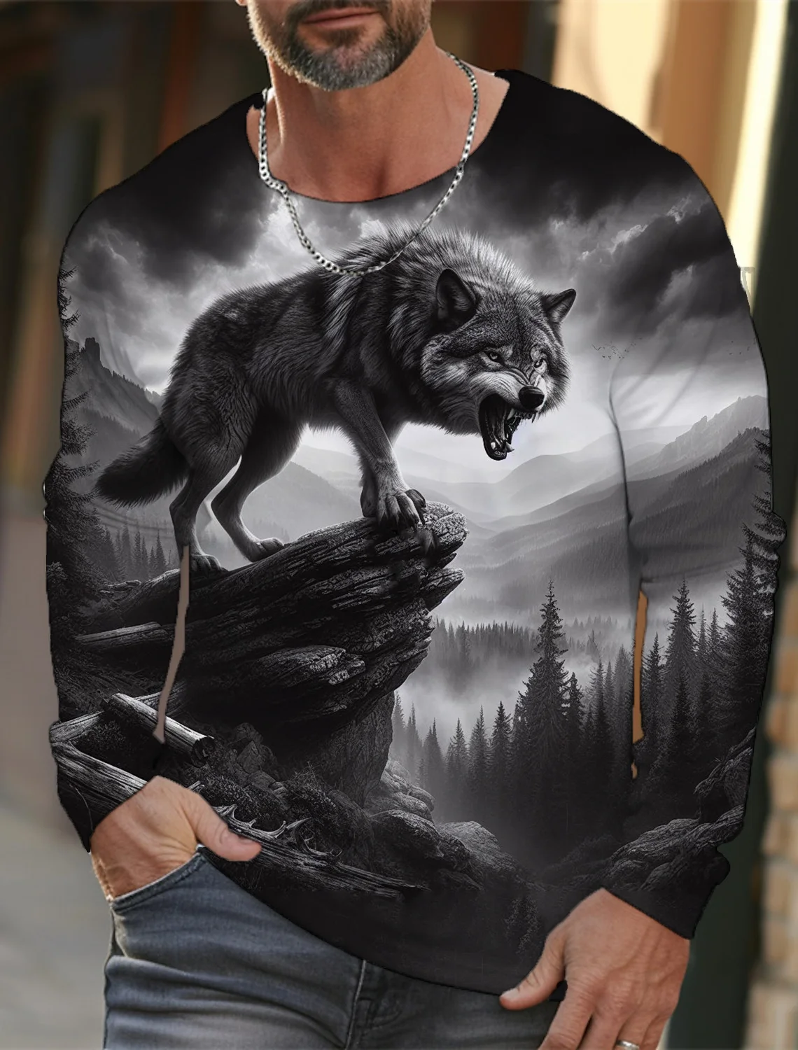 2024 new men\'s long-sleeved t-shirt 3d printed high-definition wolf animal print men\'s autumn tops casual round neck t-shirt