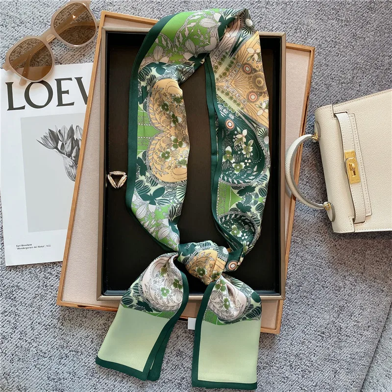 Узкий атласный шелковый шарф с принтом для женщин, 15*145 см, ленты для волос, галстук на шею, пояс, повязка на голову, женские накидки, платок, головной платок, бандана