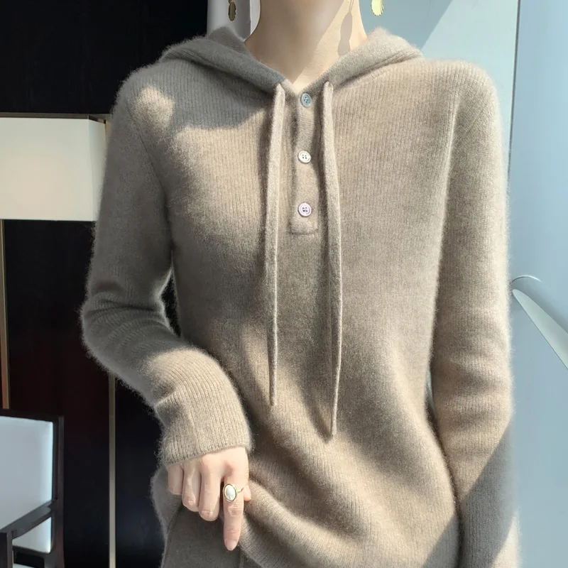 

100% Merino Wool Fashion Hoodie Soft Long Sleeves Sweater Casual Solid Color Pullover Cashmere Warm Versatile Clothing Top