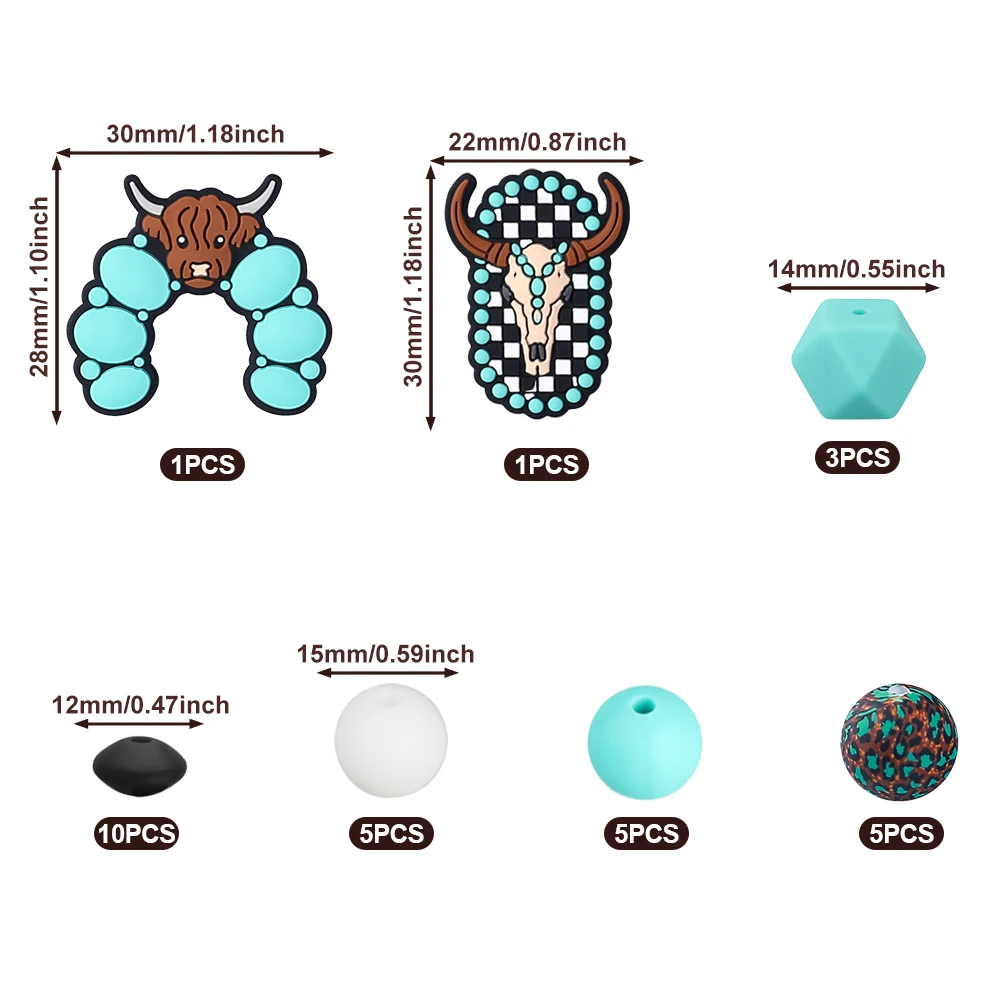 30Pcs/Set Turquoise Cowboy Silicone Bead Set Assorted Shapes Focal Beads for DIY Pens Keychains Bracelets Craft Kit Essentials