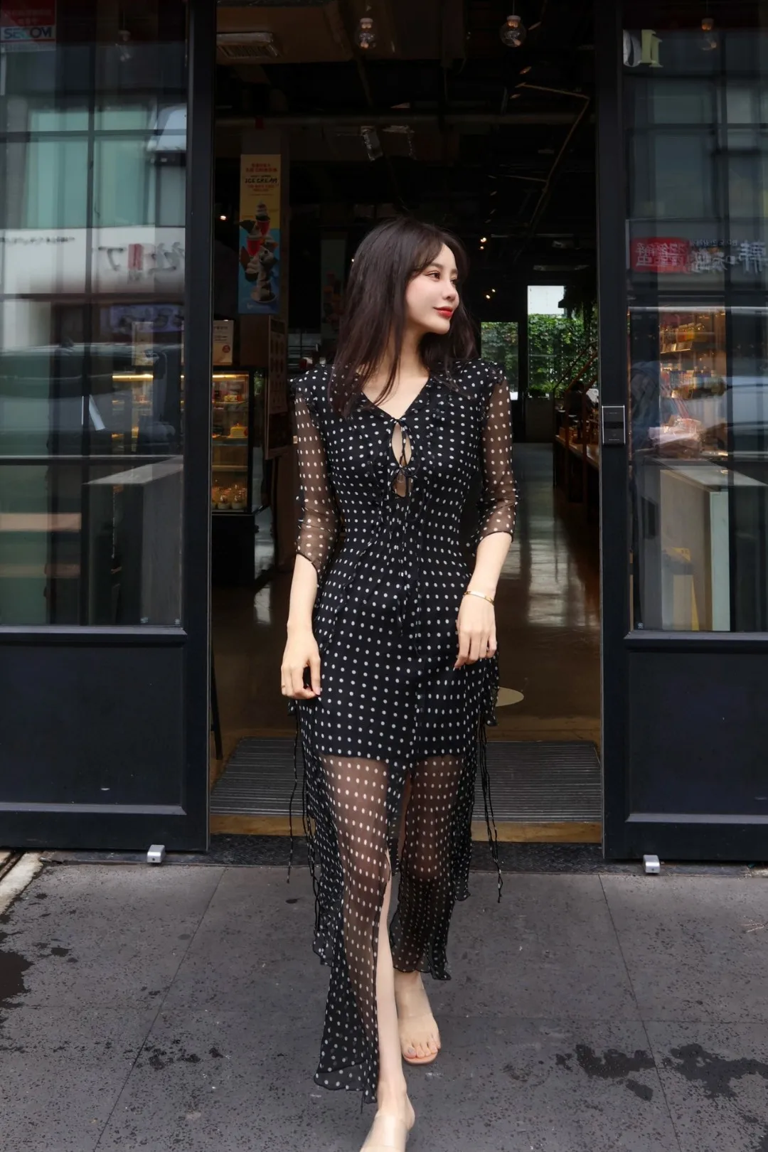 High quality new women's clothing for summer and autumn 2024 Fashionable silk polka dot lace up dress 0708