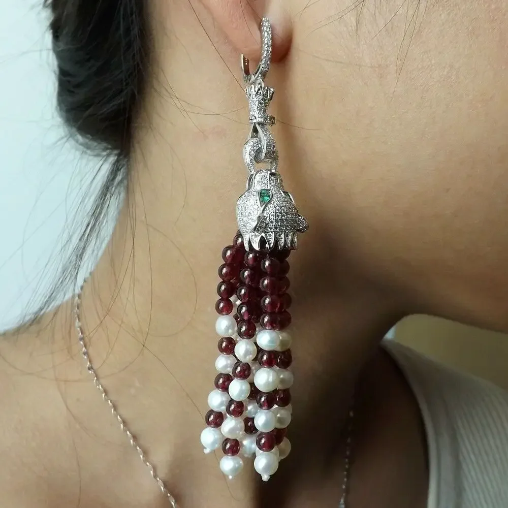 Woman natural garnet white freshwater pearl micro inlay zircon dragon accessories drop earrings long 8cm luxury