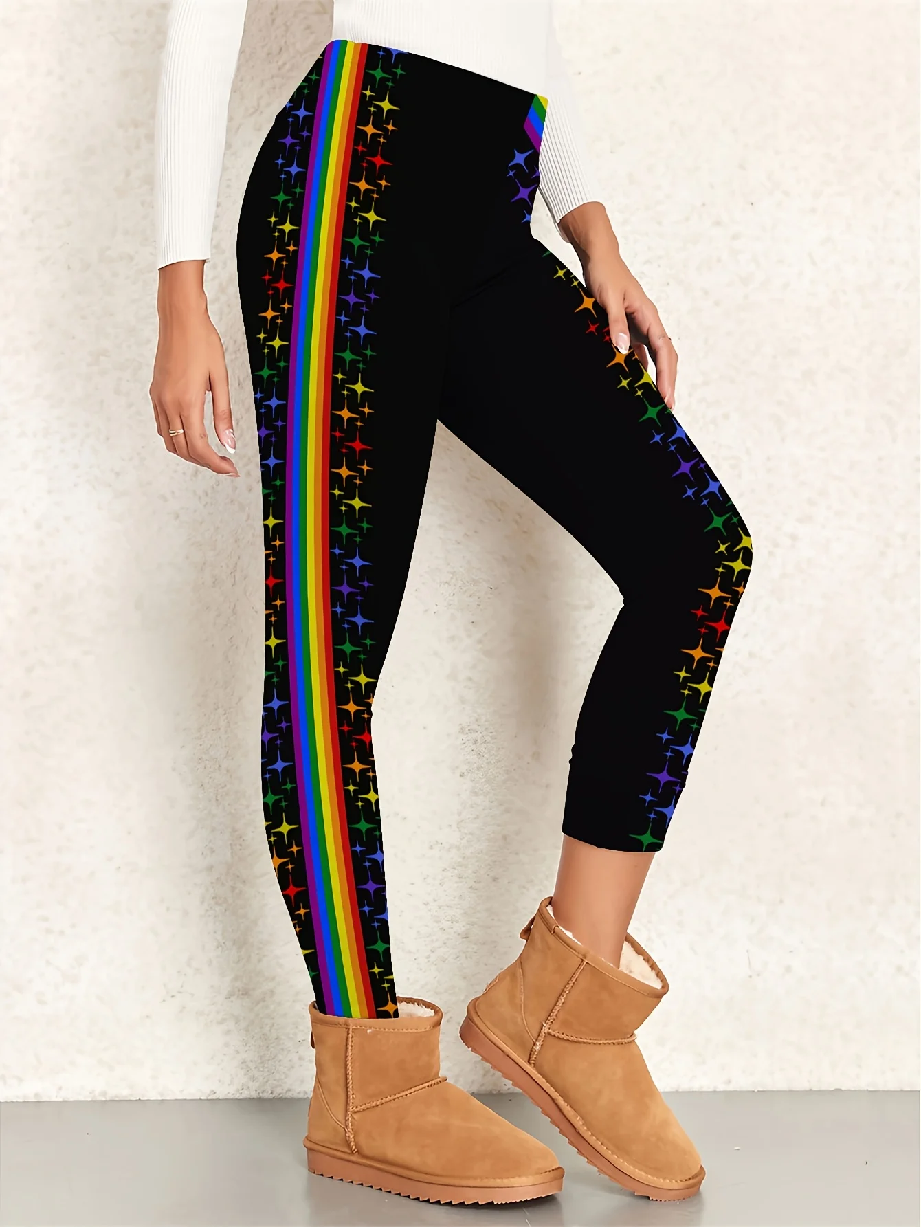 Women Mid‑Rise Fleece Lined Leggings Rainbow Side Star Print Warm Elastic Casual Winter Pants