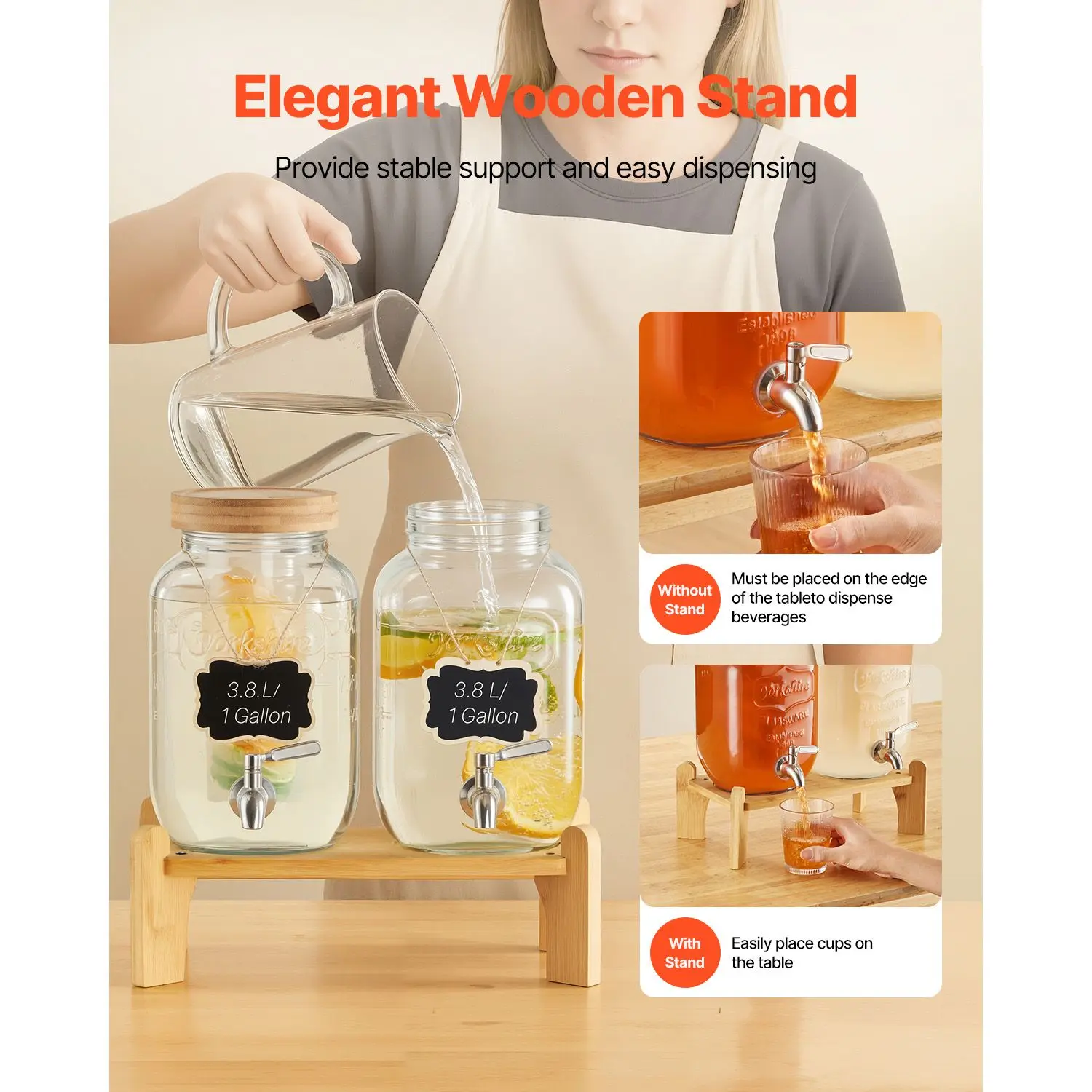 Beverage Dispenser, 2 Pack 1 Gallon Drink Dispensers for Parties, Glass Juice Dispenser with Wood Stand, Stainless Steel Spigot, Infuser, Iced Tea Lemonade Juice Water Dispensers for Parties view 6