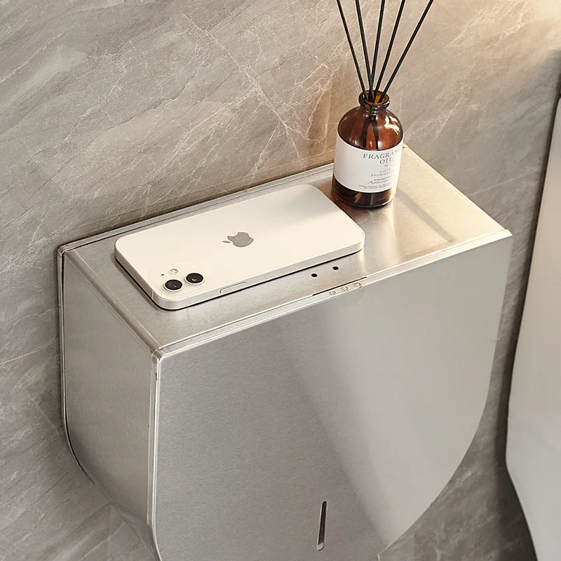 Stainless steel toilet roll paper box public toilet hand wiping paper box hotel wall mounted large plate tissue holder  bathroom