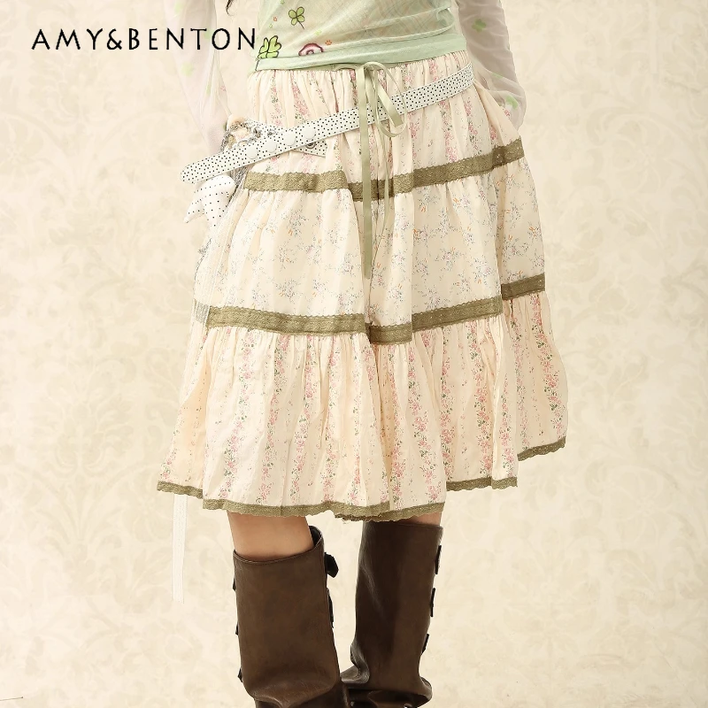

Vintage Design Sweet Lace Trim Floral Splicing Women's Skirt 2025 Autumn New Pleated High Waist Loose Mid-Length Skirts Ladies