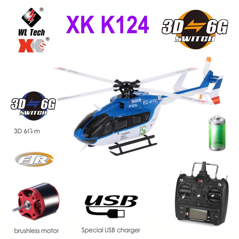 Original XK EC145 K124 6CH 3D 6G System Brushless Motor RTF RC Helicopter