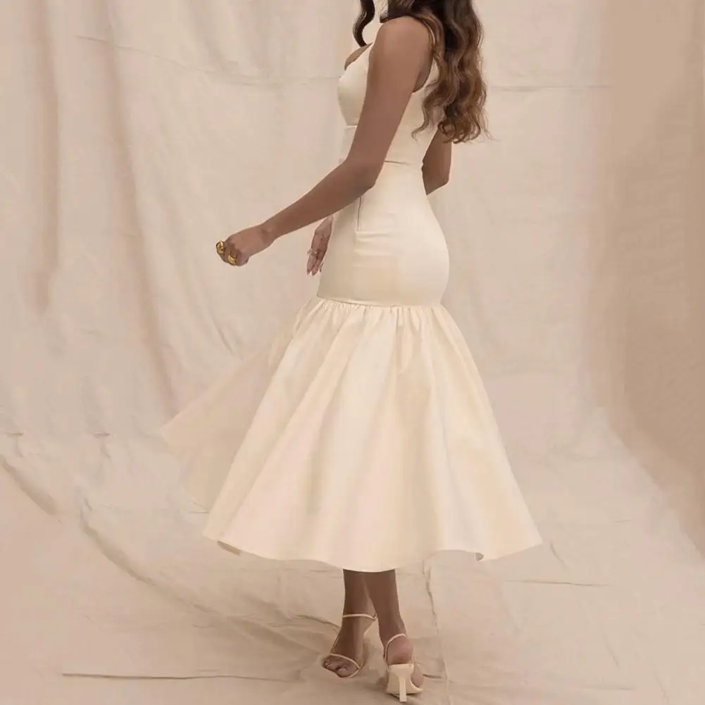 Women Long Dress Lady Prom Midi Dress Elegant Ruffle Hem Evening Dress with Backless Design Pleated Details for Prom Party