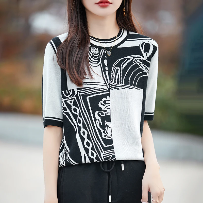 New Summer Women 100% Silk Soft Sweater T-shirt Short-sleeve Round Neck Contrasting Jacquard Pullover Tees Casual Knitted Tops