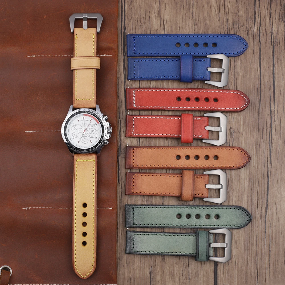 

Vintage Genuine Leather Strap Handmade Stitching Watch Band Replacement Wristband Bracelet Belts Green Brown Blue 20mm 22mm 24mm