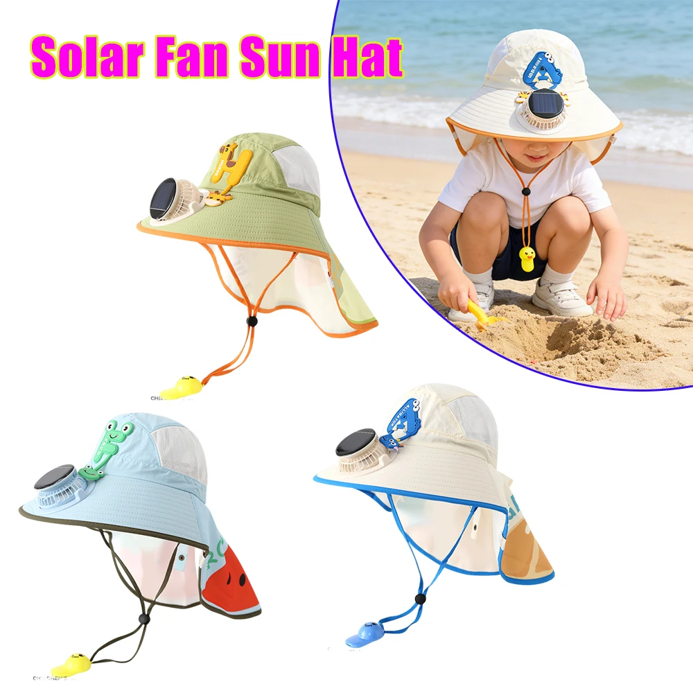 Children Solar Fan Sun Hat Portable UV Protection Letter Print Wide Brim Neck Cape Mesh for Baby Boys Girls Outdoor Camping Gear