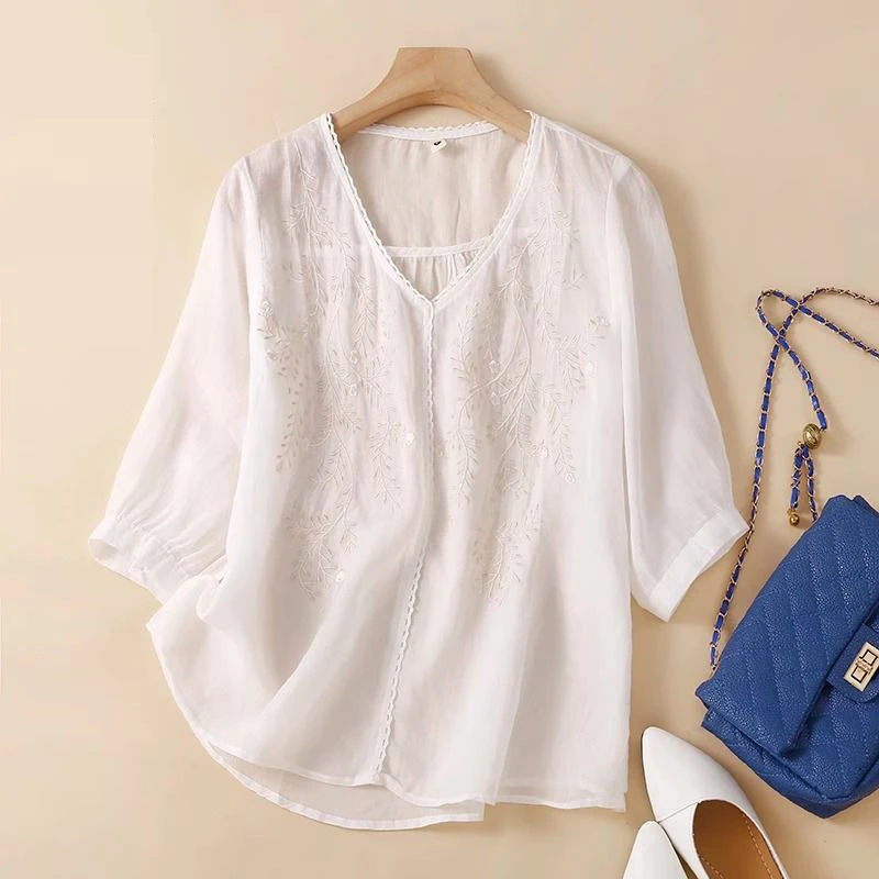 Women Stylish Retro Embroidery Lace Patchwork Blouse Summer High Quality Cotton Linen Shirts Solid V Neck Half Sleeve Loose Tops