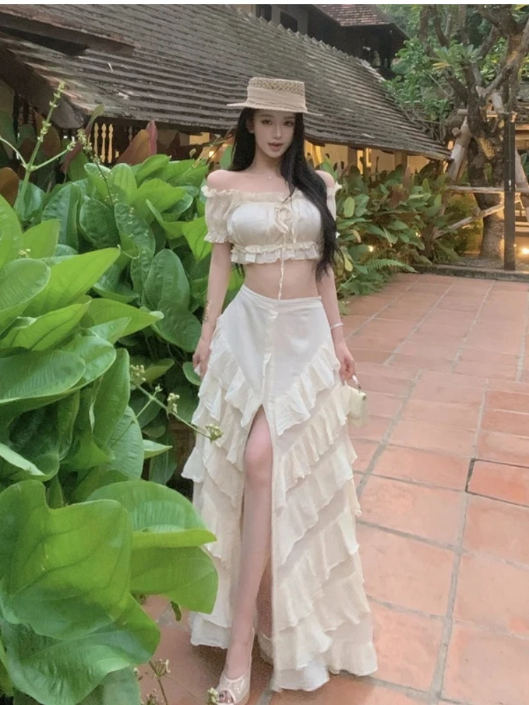 Women Boho 2 Piece Set Off Shoulder Crop Top + Ruffle Tiered Slit Maxi Skirt Summer Beach Vacation Outfit