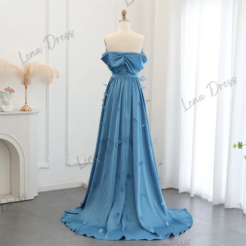 Lena Turquoise Blue Luxury Feather Dubai Evening Dress with Covering Skirt Cover Sleeves Arab Women's Wedding Party Dress