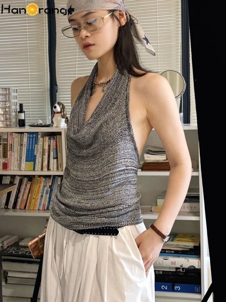 HanOrange Summer Women Swinging Collar Hanging Neck Knitted Tank Backless Super Short INS Design Mixed Yarn Top for Female