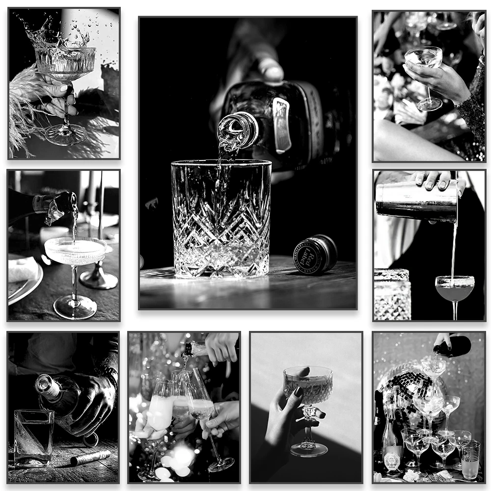 Schwarz-Weiß-Druck, Vintage-Stil, Barwagen, Poster, Cocktail, Whisky, Wandkunst, minimalistischer Alkohol, Leinwandgemälde, Esszimmerdekoration