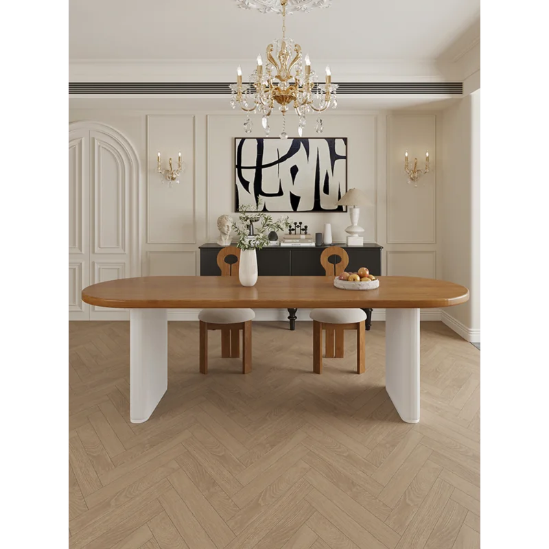 Oval solid wood dining table Cream wind log dining room French 1.6 meters Nordic home dining table Large board Living room