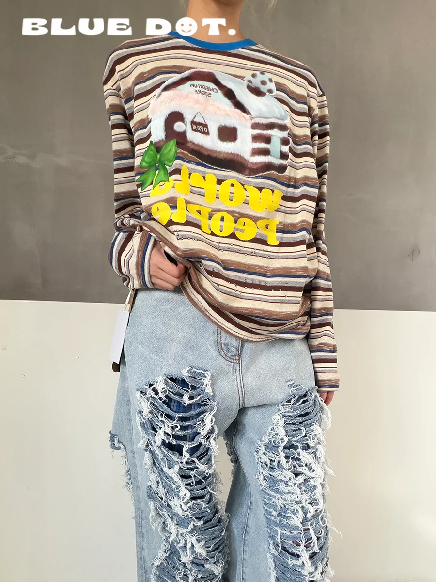 

BLUEDOT CHEERi UPi Fur Trimmed Long Sve Loose round Ne T-irt Snow House Pattern Casual Sle Women's Faion