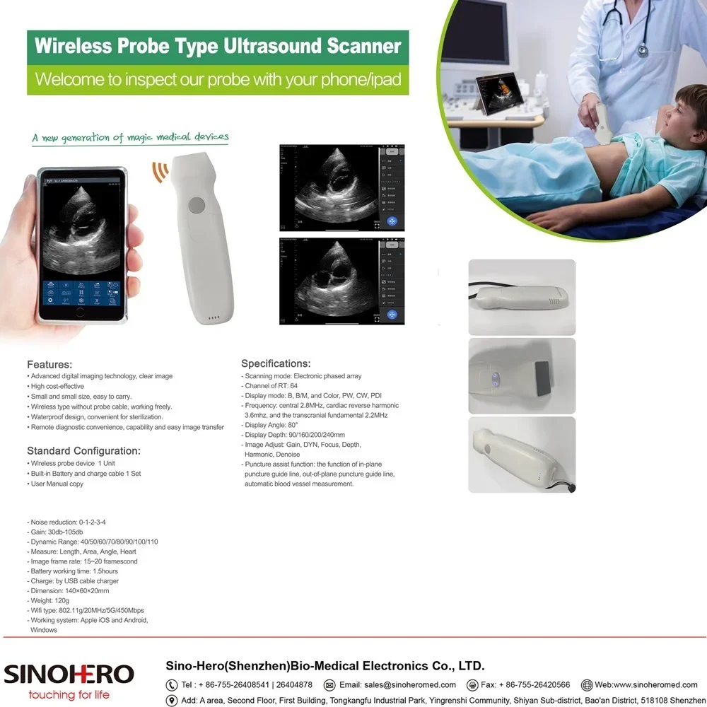 Phased Array Cardiac Probe Wireless Color Ultrasound Scanner Portable Wifi-scanner  64 Elements, with CF, PW, PDI  Function