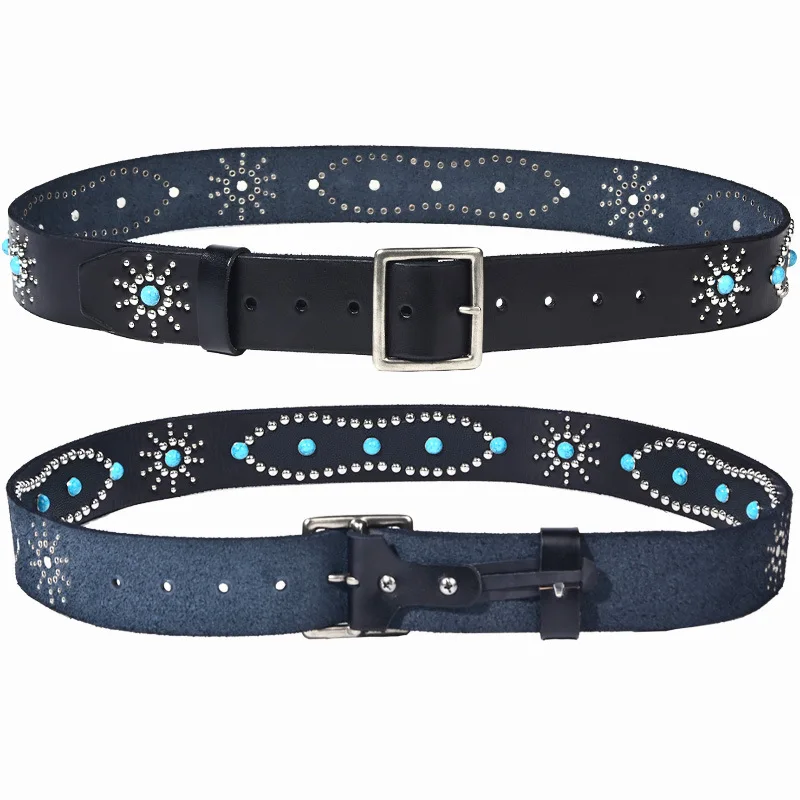 Men's Fashion 4.5cm Wide Genuine Leather Belt First Layer Cowhide Imitation Turquoise Inlay Rivet Punk Belt For Jeans