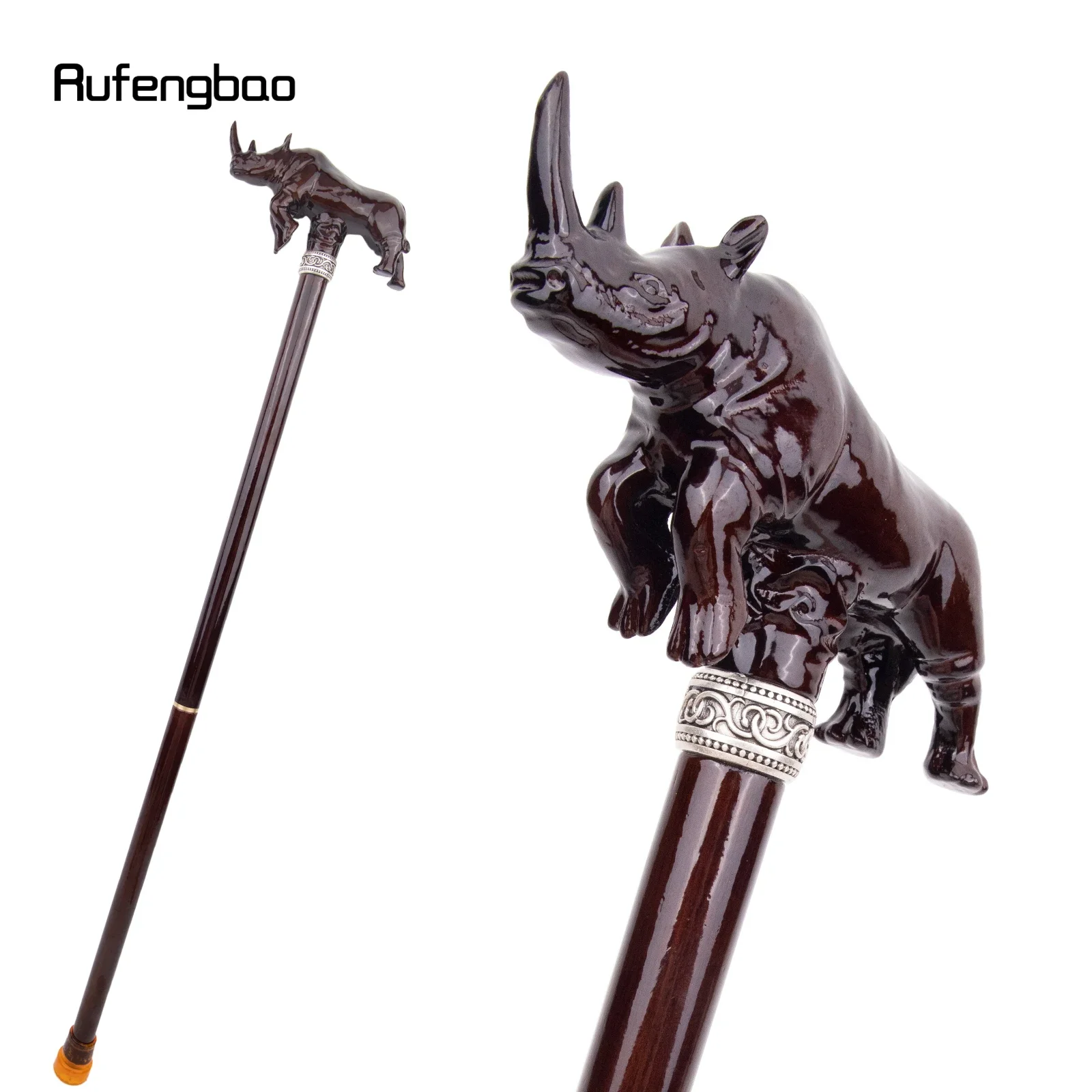 Brown Rhino Rhinoceros Wooden Double Joint Fashion Walking Stick Decorative Cospaly Cane Halloween Crutch Wand Crosier 93cm