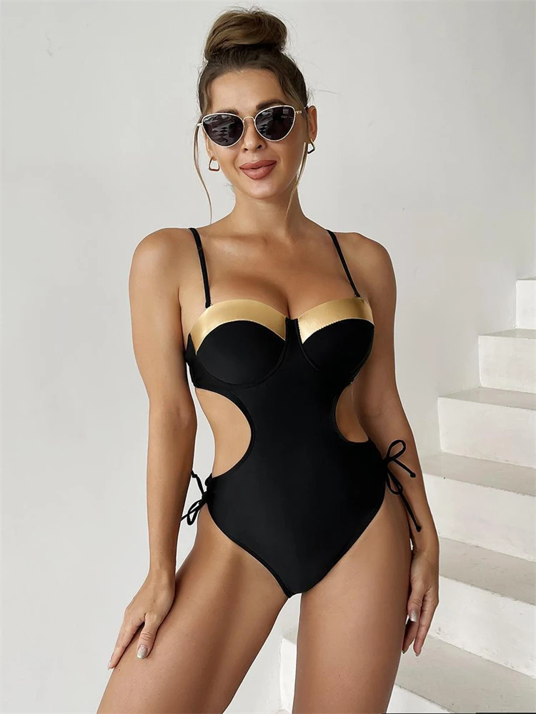 Eendelig Damesbadpak 2024 Nieuwe Zwarte Sling Badmode Sexy Bodysuit Monokini Uitgehold Zomerstrandkleding Badpak Dames